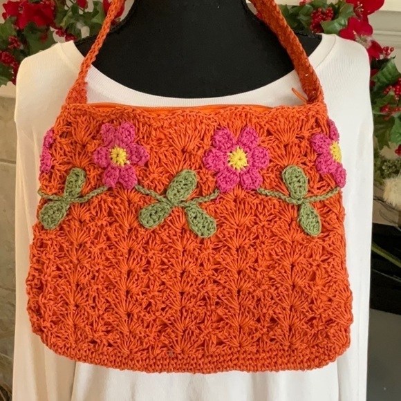 VINTAGE ORANGE STRAW BAG WITH BEAUTIFUL PINK AND YELLOW FLOWERS - Picture 2 of 5